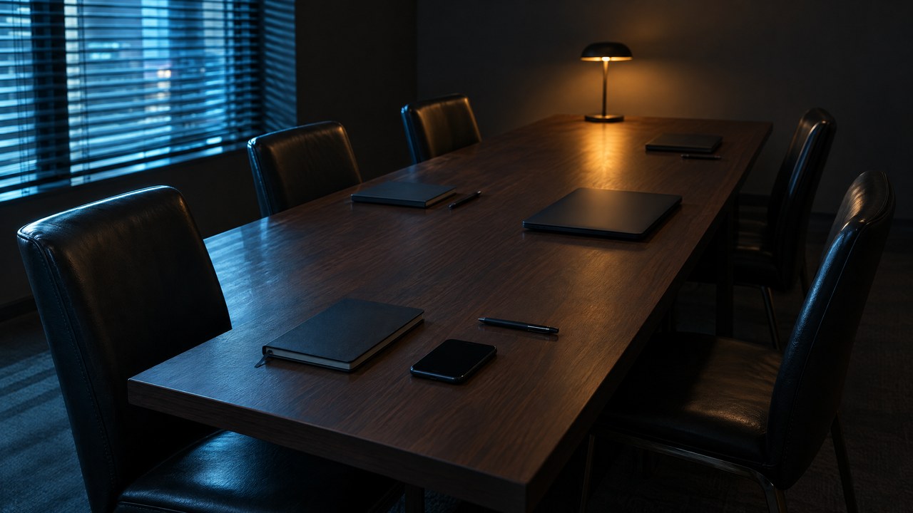 A dark meeting room after hours: a long walnut table, six empty leather chairs, closed notebooks, a phone with its screen off, and a single lamp lit at the far end
