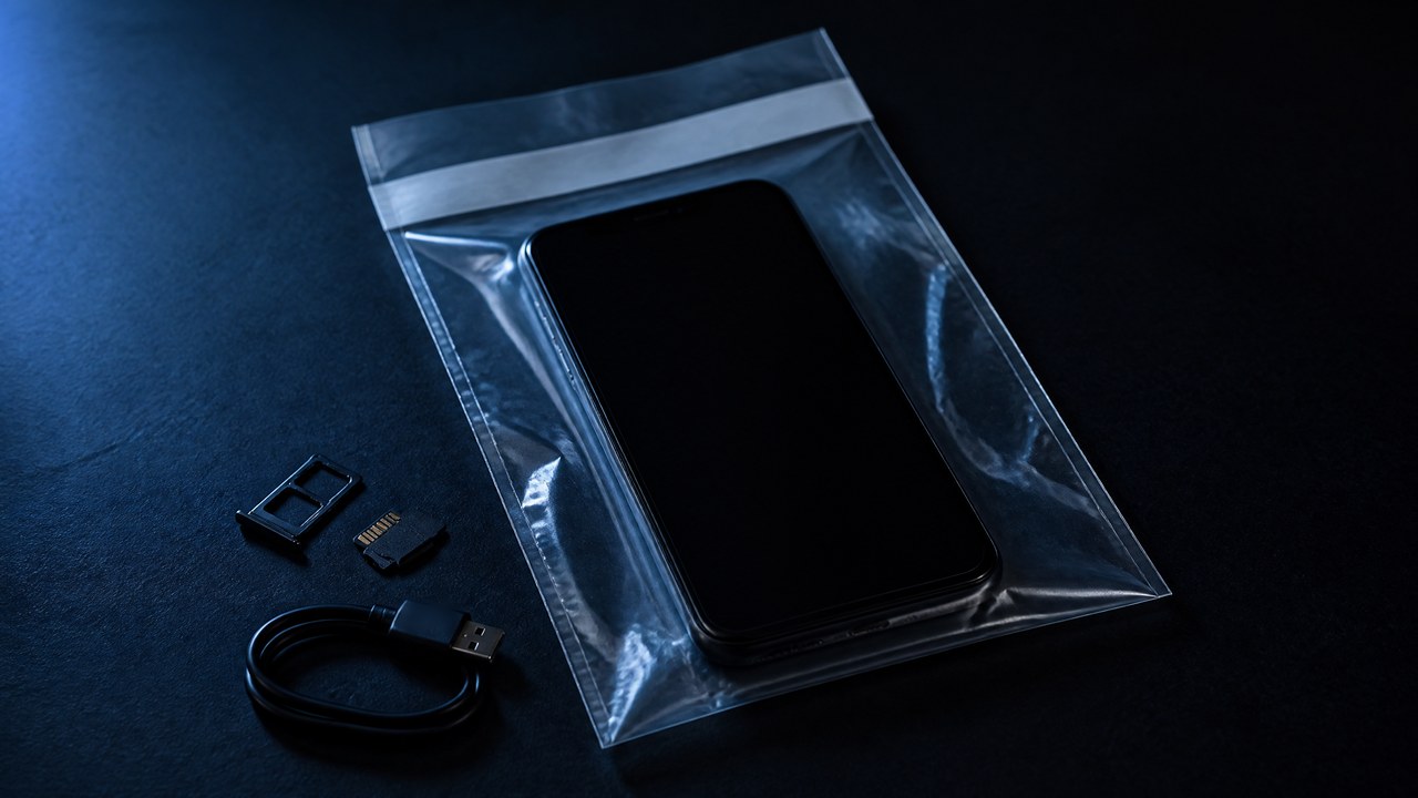 A sealed translucent forensic evidence bag holding one dark smartphone, with a SIM tray, a microSD card and a coiled USB cable left on the table outside the bag
