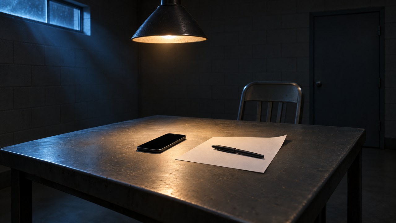 A bare interview room at night: a steel table under a single hanging lamp, a phone with its screen dark, a blank sheet of paper and a pen, and an empty chair